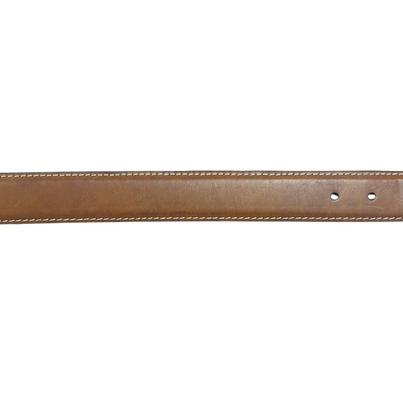 Peter Elliot Tan Leather Belt 34” Silver-Tone Brass Buckle Contrast Stitch Italy - Picture 11 of 16